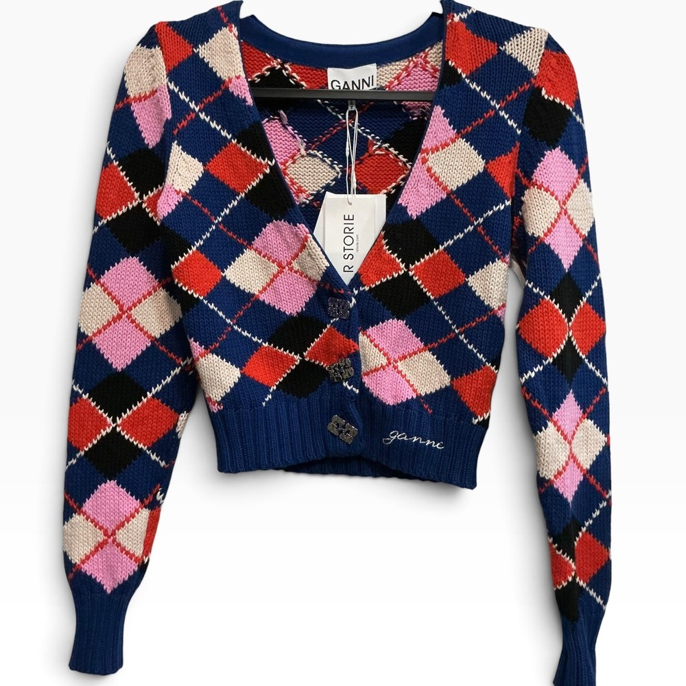 GANNI Argyle Jacquard Organic Cotton Cardigan XS Sodalite Blue Cropped NWT $295